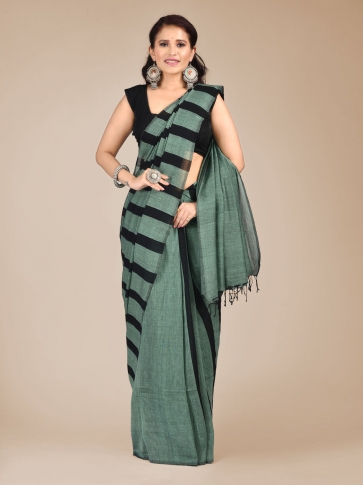 Green Handspun pure cotton half stripe woven saree