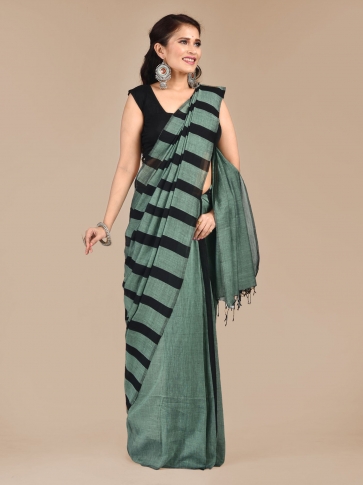 Green Handspun pure cotton half stripe woven saree 1