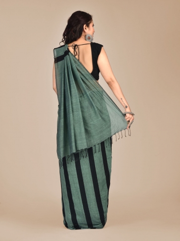 Green Handspun pure cotton half stripe woven saree 2