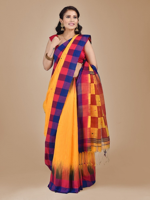 Yellow Blended Cotton saree with contrast pallu