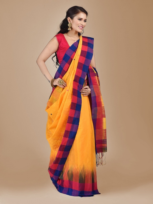 Yellow Blended Cotton saree with contrast pallu 0