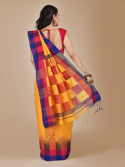 Yellow Blended Cotton saree with contrast pallu 1