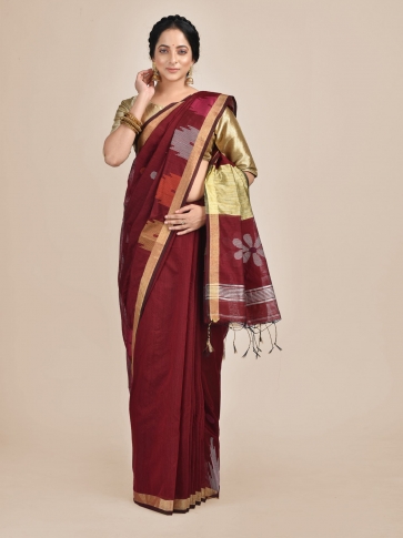 Maroon Hand woven Blended Cotton temple border saree