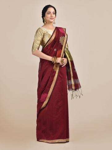 Maroon Hand woven Blended Cotton temple border saree 1