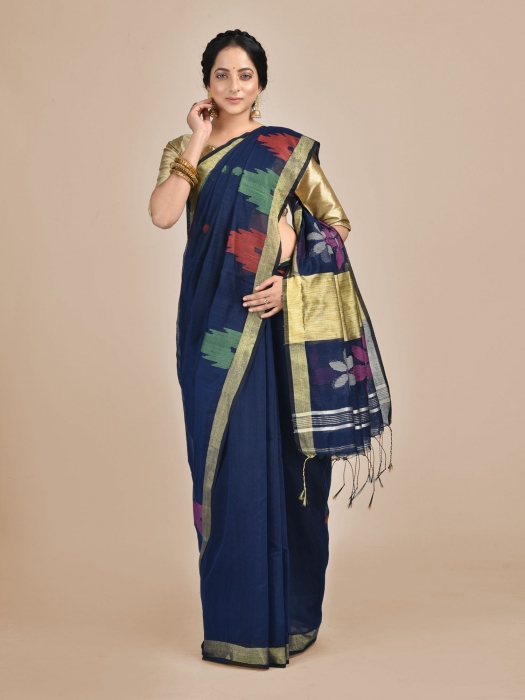 Blue Bengal handloom saree with temple border