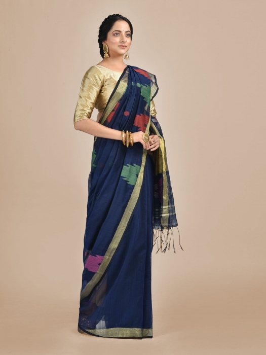 Blue Bengal handloom saree with temple border 0