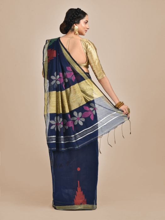 Blue Bengal handloom saree with temple border 1