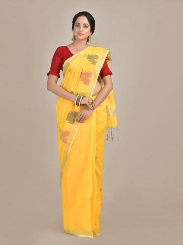 Yellow Hand woven Blended Cotton temple border saree