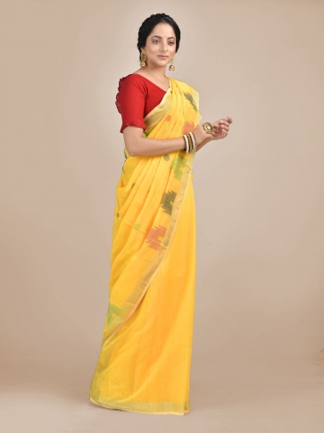 Yellow Hand woven Blended Cotton temple border saree 1