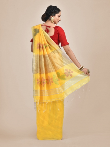 Yellow Hand woven Blended Cotton temple border saree 2