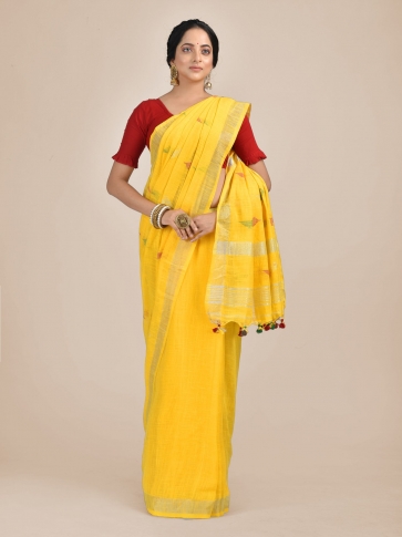 Yellow Cotton Hand woven saree