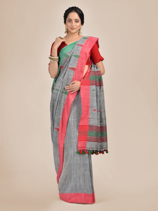 Ash Cotton Hand woven saree with duel border