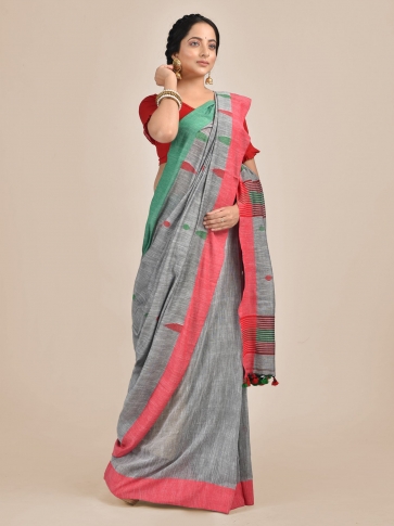 Ash Cotton Hand woven saree with duel border 0