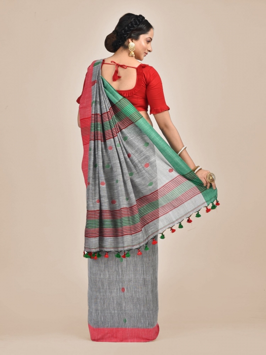 Ash Cotton Hand woven saree with duel border 1
