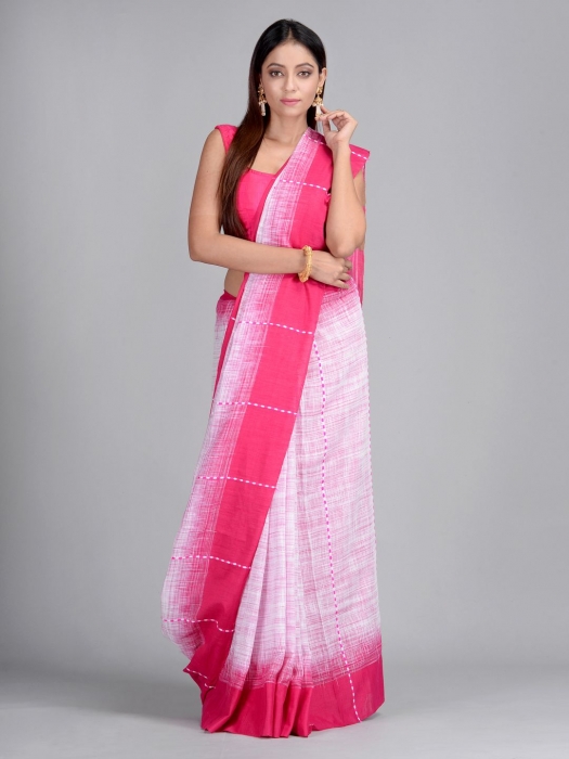 Off White & Pink Handwoven Cotton Saree