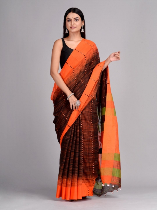 Black & Orange Handwoven Cotton Saree