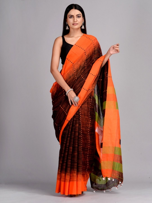 Black & Orange Handwoven Cotton Saree 0