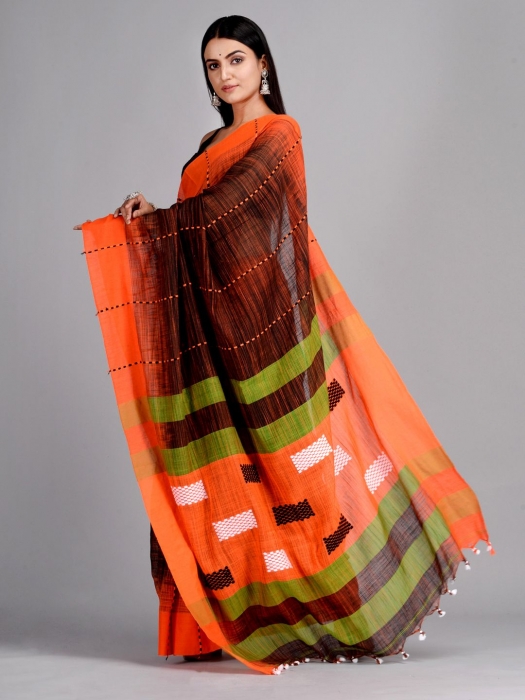 Black & Orange Handwoven Cotton Saree 1