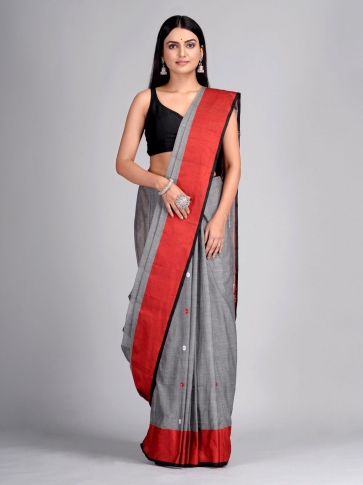 Ash & Red  Cotton Handwoven Saree with thread work