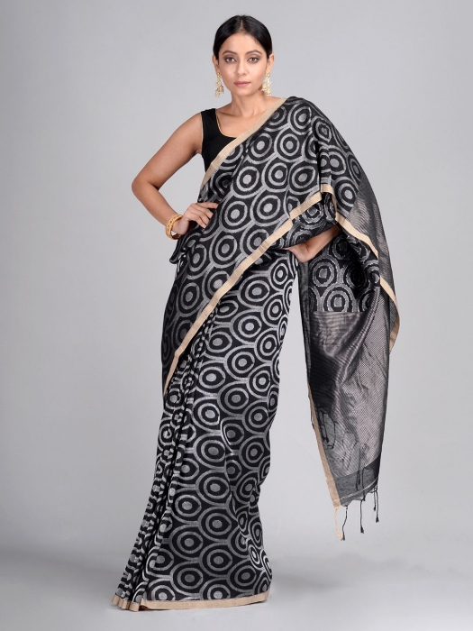 Black Hand Woven Cotton Linen Designer Saree