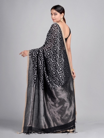 Black Hand Woven Cotton Linen Designer Saree 1