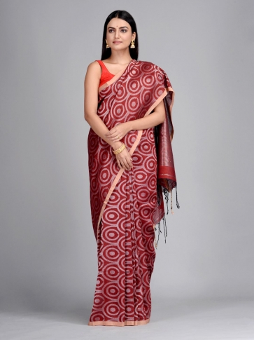 Maroon Hand Woven Cotton Linen Designer Saree