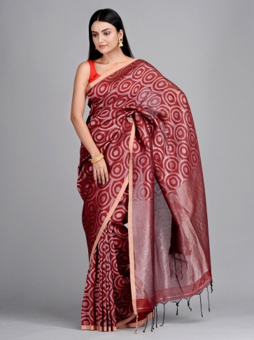 Maroon Hand Woven Cotton Linen Designer Saree 0