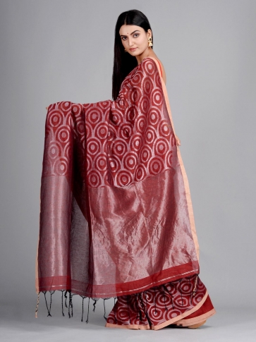 Maroon Hand Woven Cotton Linen Designer Saree 1