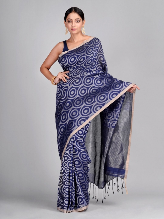 Blue Hand Woven Cotton Linen Designer Saree