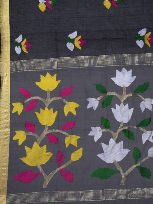 Black Silk Cotton Handwoven Jamdani Work Saree 2