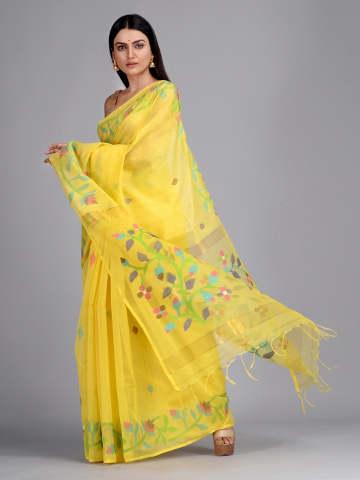 Yellow Silk Cotton Hand Woven Saree with Jamdani work in pallu 0