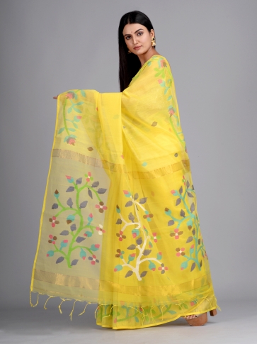 Yellow Silk Cotton Hand Woven Saree with Jamdani work in pallu 1