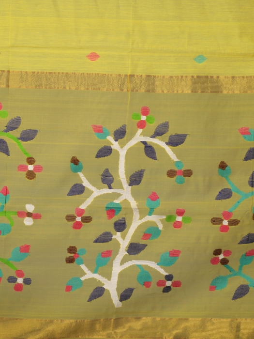 Yellow Silk Cotton Hand Woven Saree with Jamdani work in pallu 2