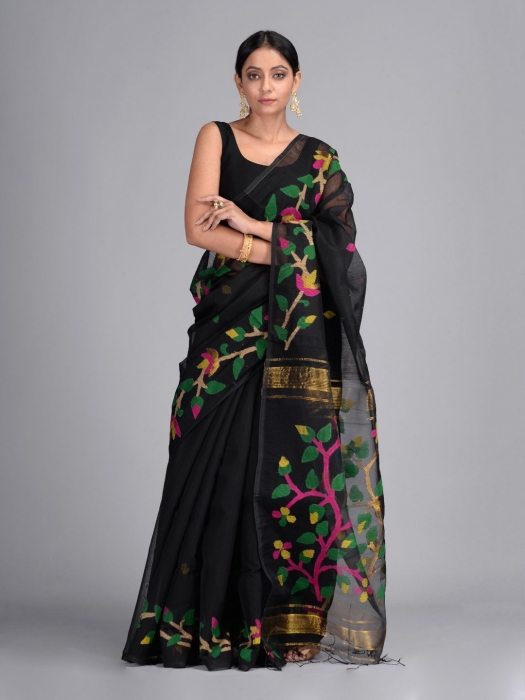Black Silk Cotton Hand Woven Saree with Jamdani work in pallu
