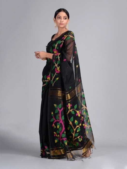 Black Silk Cotton Hand Woven Saree with Jamdani work in pallu 0