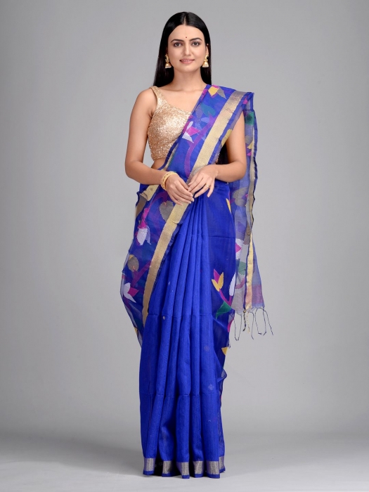 Blue Handwoven Matka Silk Saree with Jamdani work