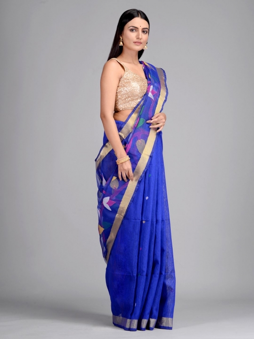 Blue Handwoven Matka Silk Saree with Jamdani work 0