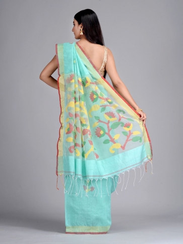 Sea Green Hand woven Matka Silk Saree with Jamdani work in pallu 1