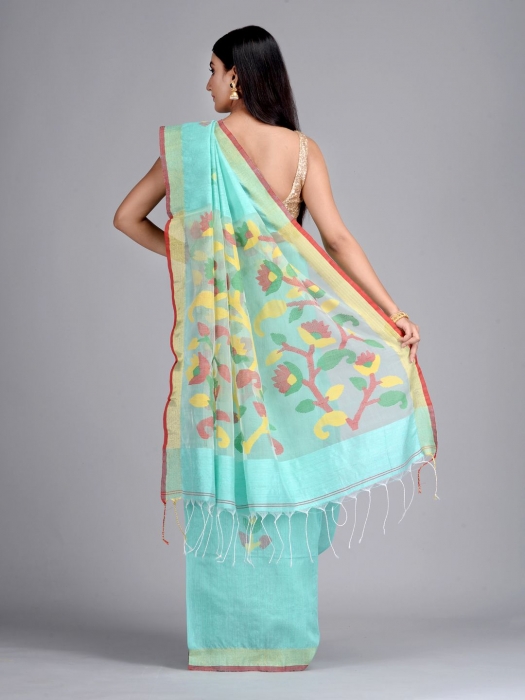 Sea Green Hand woven Matka Silk Saree with Jamdani work in pallu 1
