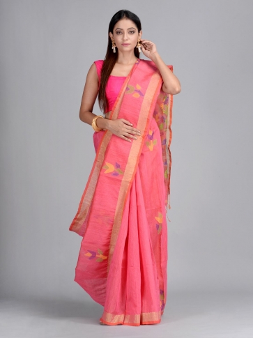 Pink Hand woven Matka Silk Saree with Jamdani work in pallu