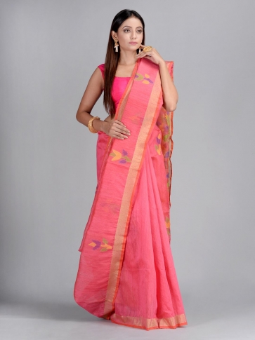 Pink Hand woven Matka Silk Saree with Jamdani work in pallu 0