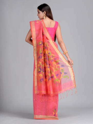 Pink Hand woven Matka Silk Saree with Jamdani work in pallu 1