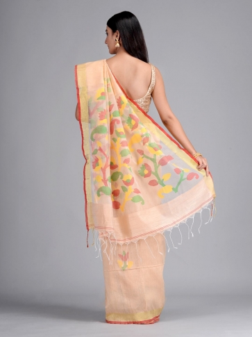 Light pink Matka Silk Hand woven Saree with Jamdani work in pallu 1