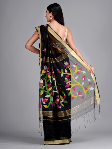 Black Silk Linen Hand Woven Saree with Jamdani work in pallu 1