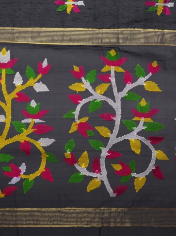 Black Silk Linen Hand Woven Saree with Jamdani work in pallu 2