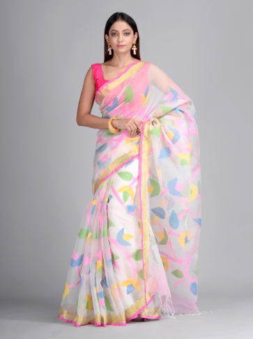 Multicolor Silk Maslin Hand woven Saree with multi thread work