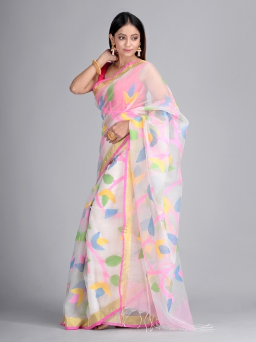 Multicolor Silk Maslin Hand woven Saree with multi thread work 0