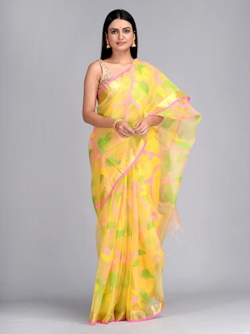 Yellow Silk Maslin Hand woven Saree with multi thread work