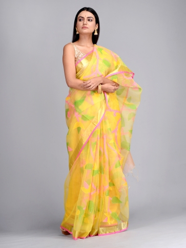 Yellow Silk Maslin Hand woven Saree with multi thread work 0