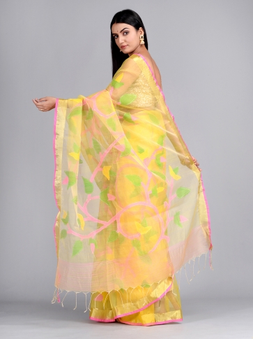 Yellow Silk Maslin Hand woven Saree with multi thread work 1
